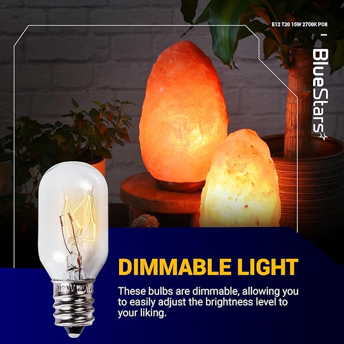 BlueStars E12 T20 Salt Lamp Bulb 120V 15W, 2700K Warm White, E12 Candelabra Base for Himalayan Salt Rock Lamps & Baskets, Scentsy Plug-in Wax Warmers, Night Lights - Pack of 8 - Bloomnest