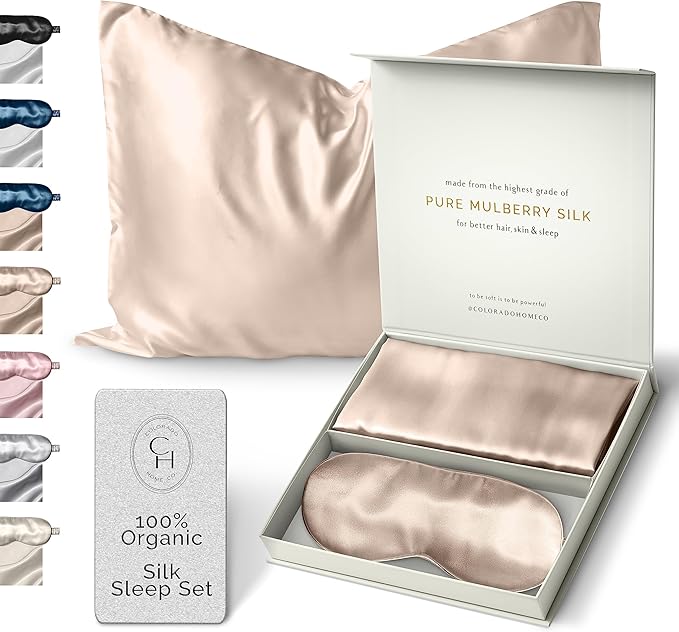 Colorado Home Co Silk Pillowcase for Hair and Skin - Nude Champagne Queen Size 100% Silk Pillow Covers - 20x30 - Pillow Case for Acne with Eye Mask for Sleeping - Bloomnest