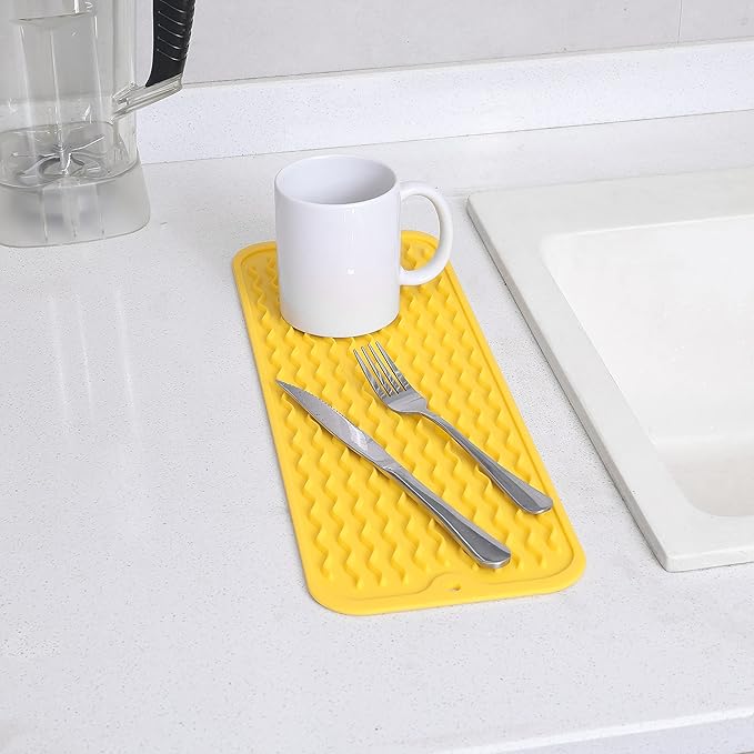 Silicone Dish Drying Mat for Multiple Usage,Easy clean,Eco-friendly,Heat-resistant Silicone Mat for Kitchen Counter,Sink,Bar,Bottle,or Cup Yellow M 17 inches x 6 inches - Bloomnest