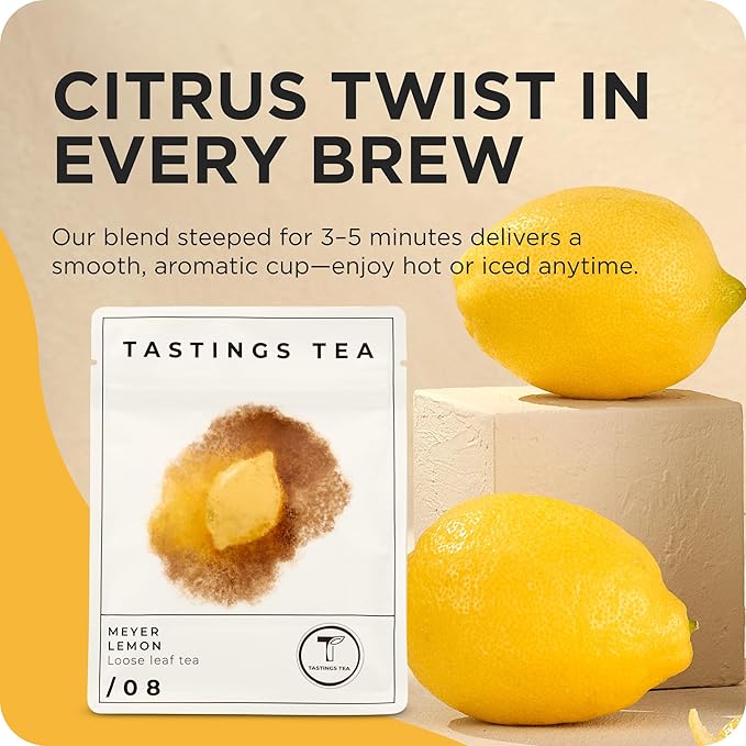 Tastings Tea Meyer Lemon Loose Leaf, 2 oz | Unsweetened Black Citrus Blend & Fruit Infusion with Lemongrass & Peel | Hot or Iced Cold Brew | Small Batch & Sustainably Sourced | Resealable Pouch - Bloomnest
