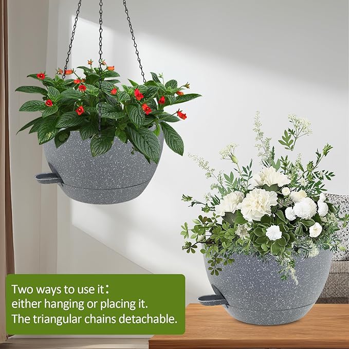 WOUSIWER Self Watering Hanging Planters, 2 Pack 12'' Plastic Pots with Drainage Holes & Reservoir Tray (Speckled Grey) | Indoor & Outdoor Use for Ferns, Ivy, Herbs, Succulents - Bloomnest