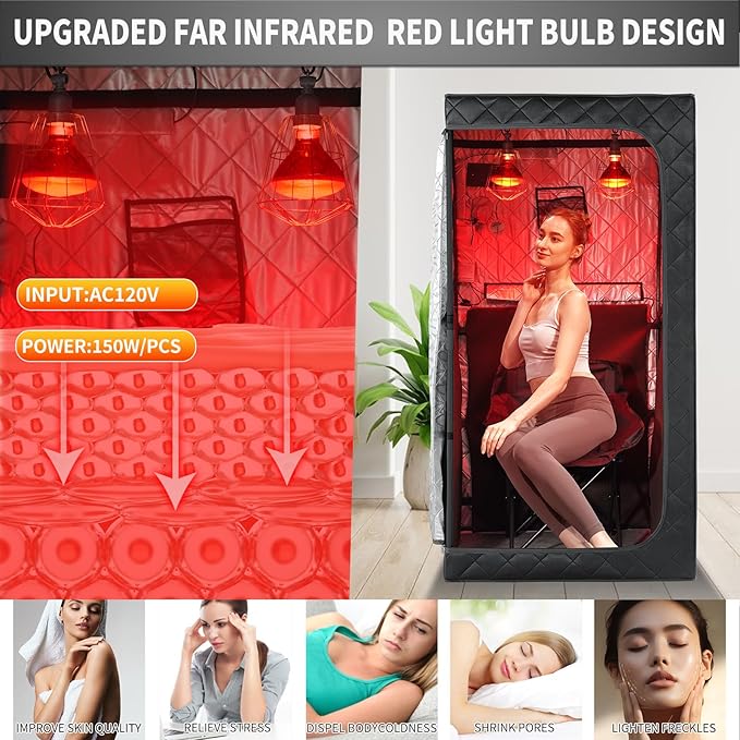 Portable Personal Far Infrared Sauna Box for Home with 660nm Red Light Threapy Bulbs, Remote Control, Heating Foot Pad, Upgraded Comfortable Chair iDOTODO