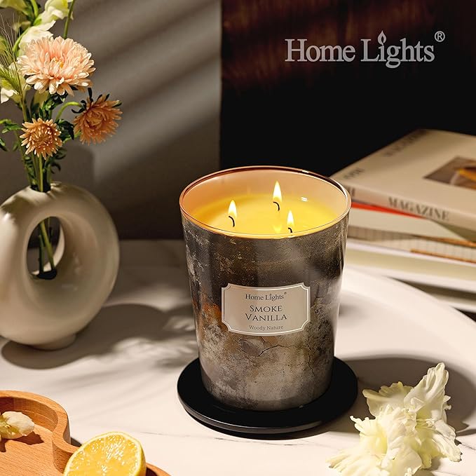 HomeLights Large jar Candle | 3-Wick Long-Lasting Scented Candles, 34oz Natural Soy Wax Candle for Home Scented, Industrial Chic Gifts for Women & Men, Smoke Vanilla - Bloomnest