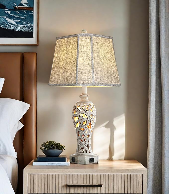 25'' Farmhouse Table Lamp for Living Room Bedroom, 2 USB Ports Vintage Rustic Nightstand Desk Lamp with Nightlight, White Hollow Out Resin Lamp for End Table (Bulb Included) - Bloomnest