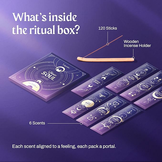 Lunar Soul Incense Sticks with Holder - Incense Stick Variety Pack of 6 (120 Insence-Sticks): Bergamot, Cedar, Jasmine, Lavender, Rose, Frankincense – Calm Mind, Meditation & Aromatherapy