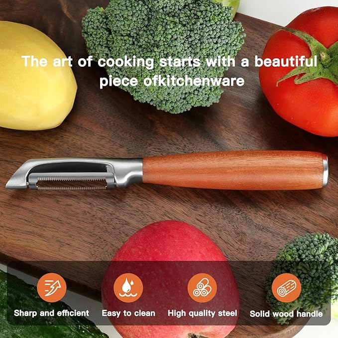 Serrated Blade Premium I Type 304 Stainless Steel Multifunctional Kitchen Peeler Real Wood Handle Ultra Sharp Blade Vegetable Potato Apple(Aosuan) - Bloomnest