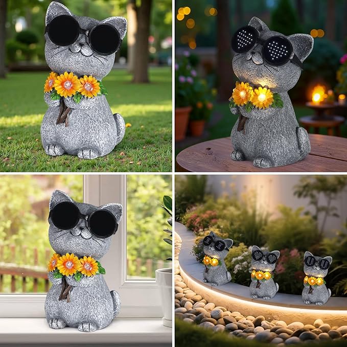 Solar Garden Statues Cat with Daisy and LED Lights Birthday Gifts for Women Mom Grandma Solar Outdoor Decor for Patio Backyard Yard Lawn Decoration-Unique Housewarming Gifts - Bloomnest