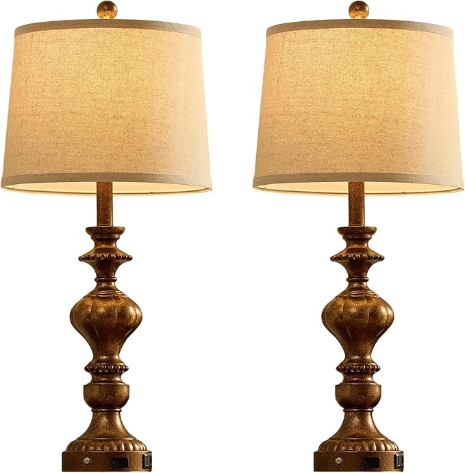 27.5" Farmhouse Table Lamps Set of 2 Bedside Nightstand Lamp with USB C+A Ports & AC Outlet, 3 Way Dimmable Touch Lamps for Bedroom Living Room Office Hallway Rustic Traditional Lamp (Copper) - Bloomnest