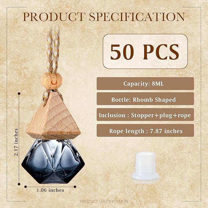 50 Pcs Hanging Car Air Freshener Black Car Diffuser Bottles Empty Glass Perfume Bottles Air Freshener Diffuser Pendant for Essential Oils Fragrance Aromatherapy Ornament (Rhombus) - Bloomnest