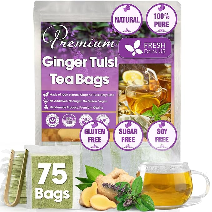 FreshDrinkUS Premium 75 Ginger Tulsi Tea Bags, 100% Natural, Hand-made Blend of Ginger and Tulsi Holy Basil Leaves, Eco-conscious Tea Bags. No Sugar, No Caffeine, Vegan - Bloomnest