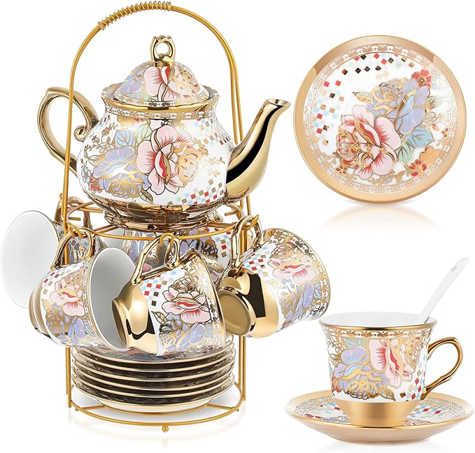 Zhehao 20 Pcs Porcelain Tea Set with Metal Holder and Spoon Adult Ceramic Tea Set European Flower Painting Teapot Cup Saucer Spoon for Women, Large Version(Rustic Style) - Bloomnest