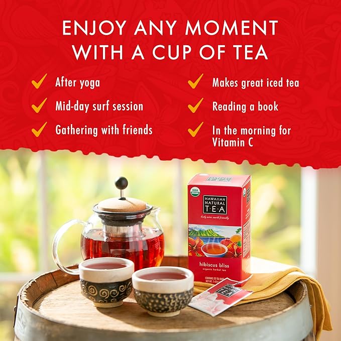 Hawaiian Natural Tea Hibiscus Flavored Organic Herbal Tea - Caffeine Free All Natural For Wellness, Perfect Daily Cup & Gift - 120 Bags - Bloomnest