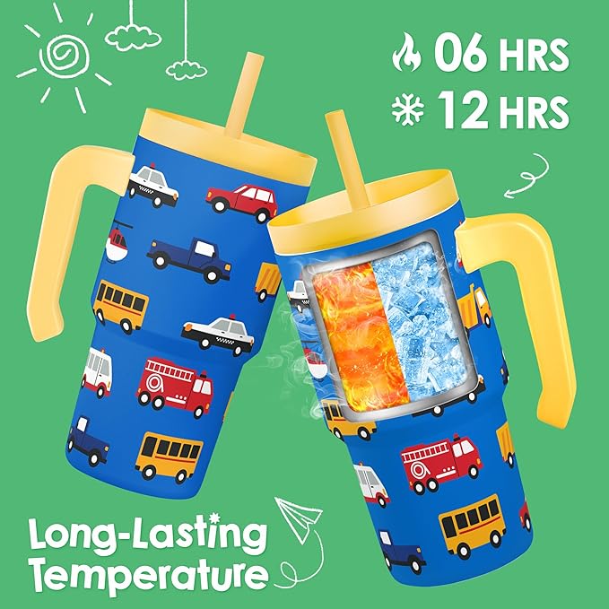 Transportation Tumbler 20oz with Handle and Silicone Straw Lid for Kid, Insulated Stainless Steel Cup, Gift for Kids Boys, Gifts Idea for Birthday Christmas Back to School - Bloomnest