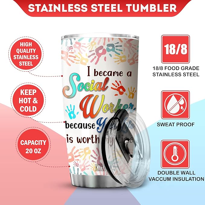 I Became A Social Worker Because Your Life Is Worth My Time Stainless Steel Tumbler With Lid Social Worker Gifts For Women Insulated Travel Cup MSW LCSW Gift For Birthday - Bloomnest
