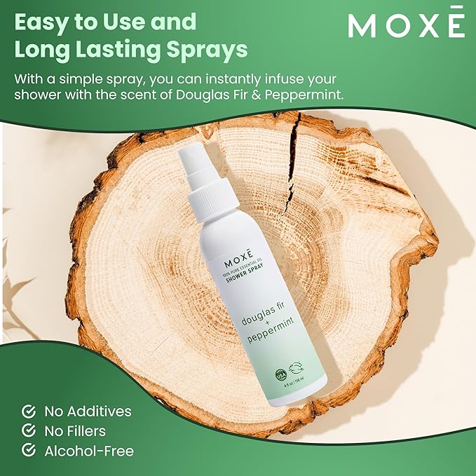 MOXE Aromatherapy Shower Spray - Douglas Fir & Peppermint, 100% Essential Oils, Made in USA, Aromatherapy, Sinus Congestion Relief, Respiratory Support, 4 Oz (1 Pack) - Bloomnest