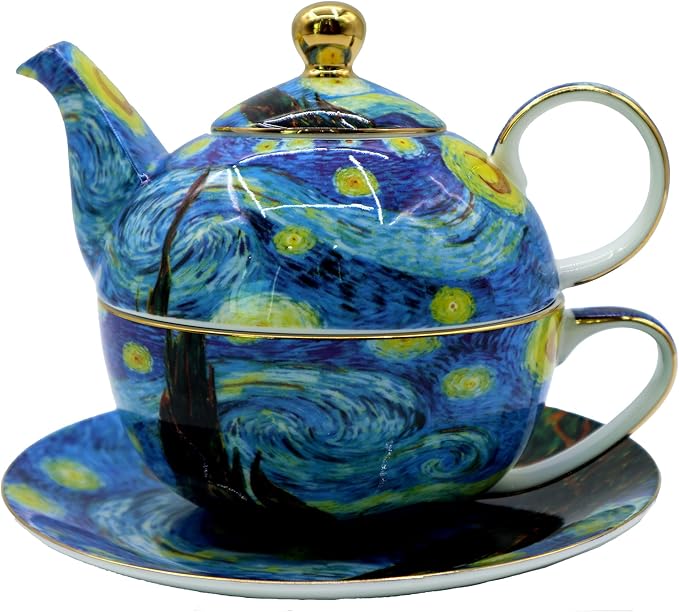 Porcelain 13 OZ Tea for One Teapot and Cup Set Vintage Floral Ceramic Tea Set European Style Tea pot and Saucer Set (Starry Sky) - Bloomnest