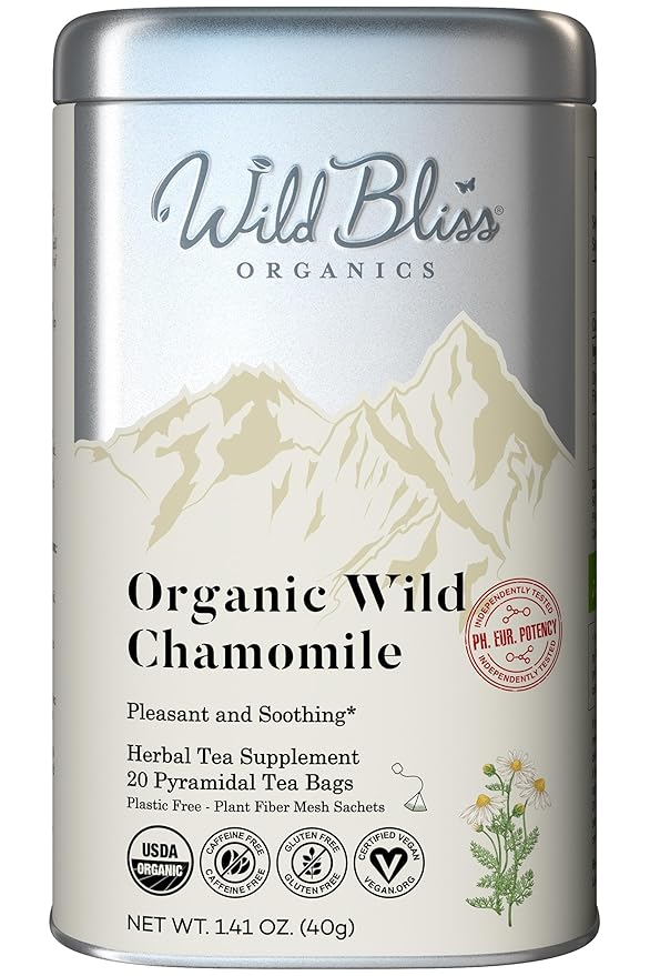 Wild Bliss Organic Chamomile Tea - Caffeine Free Calming Herbal Support - Pharmacopoeia Potency - 20 Plant Based Tea Bags - Bloomnest