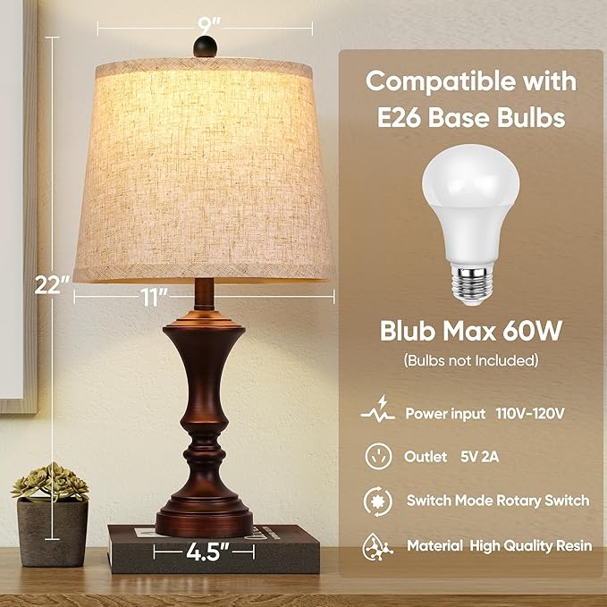 Retro Table Lamps Set of 2 Nightstand Lamp for Bedroom Vintage Rustic Table Lamps for Living Room Traditional Nightstand Bedside Lamps Bulb NOT Included - Bloomnest
