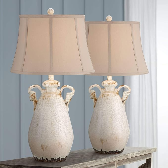 Regency Hill Isabella Rustic Country Cottage Table Lamps 29" Tall Set of 2 Crackled Ivory Glaze Ceramic Handles Jar Beige Bell Shade for Bedroom Living Room House Bedside Nightstand Office - Bloomnest