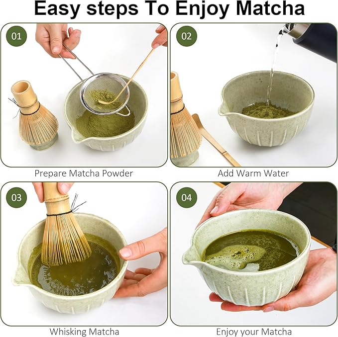 Matcha Bowl and Tea Whisk Set, 7-Piece Collection: 19-ounce ceramic bowl, whisk stand, bamboo scoop with scoop holder, tea strainer, and tea towel. Complete matcha ceremony set. - Bloomnest