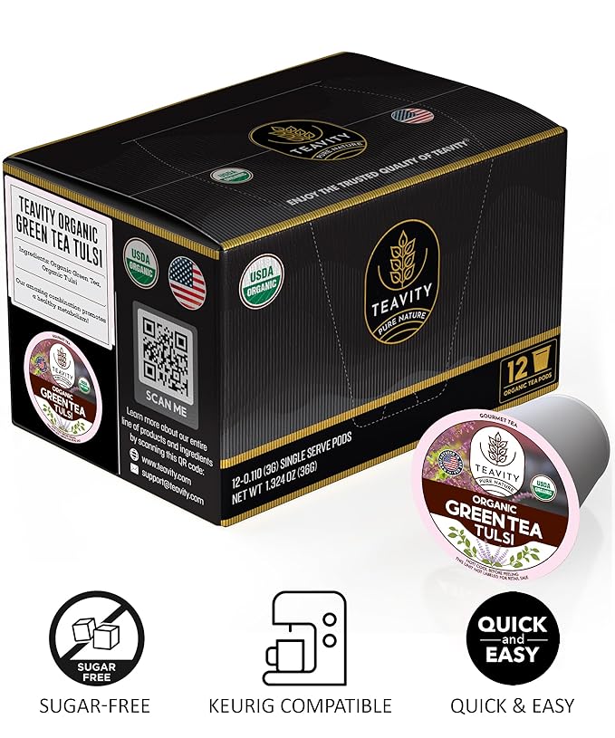Organic Tulsi Tea Pods with Unsweetened Caffeinated Green Tea Pods for Keurig - Tulsi Green Tea by Teavity (12 Tea Pods) - Bloomnest