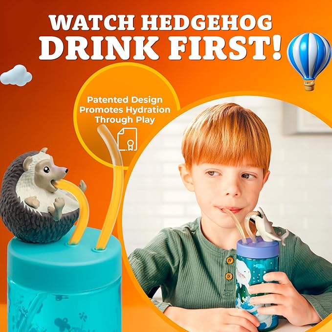 Kids Water Bottle, Toddler Cups, Tumbler with Lid and Straw, Travel Sippy Cup for Water or Milk, Kids Cups with Lids for Toddlers 3 and Up, BPA Free Plastic, 12 oz (Trend Zoo Hedgehog) - Bloomnest