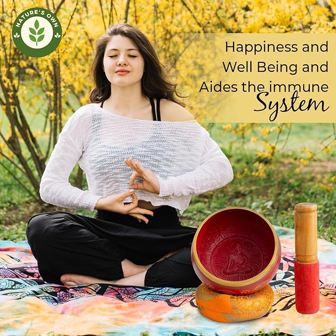 Nature’s Own Buddhist Tibetan Singing Bowl for Meditation - Authentic Metal OM Sound Bowl, Tibetan Prayer Instrument with Wooden Stick, Red 3.5 Inches - Deep Resonance for Healing & Relaxation - Bloomnest