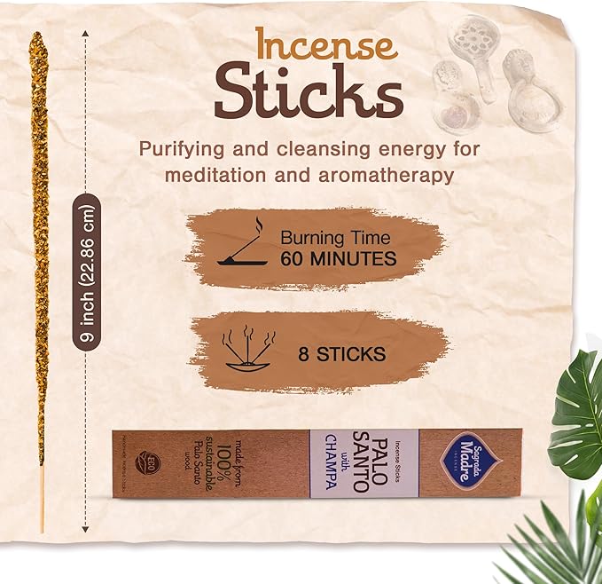 Sagrada Madre 8pcs Wildly Harvested Thick Palo Santo Incense Sticks (Champa), 9” Long - Eco Friendly, Non-Toxic, Aromatic Incense Sticks (1hr Burning Time) to Heal & Calm Your Body and Environment