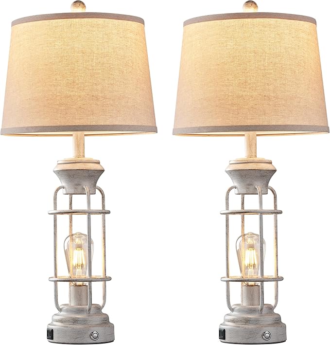 28" Farmhouse Table Lamp Set of 2 with USB Charging Ports, Tall Table Lamp for Living Room,3-Way Dimmable Lamps for Bedroom, Rustic Bedside Lamp, Industrial Nightstand Lamps,Bulbs Included - Bloomnest