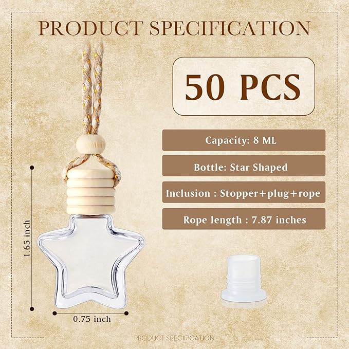 BBTO 50 Pcs Hanging Car Air Freshener Car Diffuser Bottles Empty Glass Perfume Bottle Freshener Diffuser Bottle Pendant for Essential Oil Fragrance Aromatherapy Bottle Ornament(Star) - Bloomnest