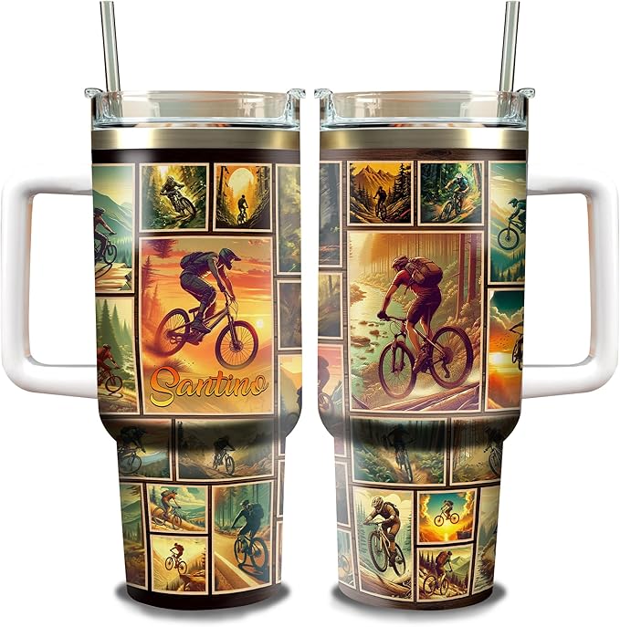WAZONE Personalized Mountain Biking Tumbler 40oz with Handle and Straw Custom Name Insulated Travel Coffee Mug Stainless Steel Tumblers For Biker Bike Riding Lover Men Him Dad Papa On Birthday - Bloomnest