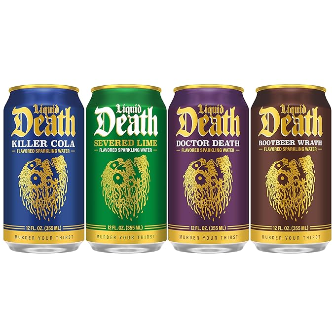Liquid Death Soda-Flavored Sparkling Water - Classic Variety, Less Sugar*, Huge Flavor, No Caffeine, No Artificial Sweeteners, 4 Flavors: Lime, Doctor Death, Cola, Root Beer, 12 Fl Oz (Pack of 12) - Bloomnest
