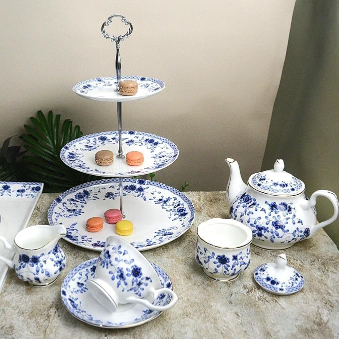 Bone China Tea Set for Adults, 13-Piece Blue and White Porcelain Tea Set for 4, Vintage Floral Tea Set With Teapot and Teaspoons, Tea Party Sets for Women Gift (Blue A) - Bloomnest