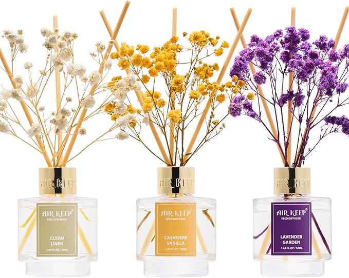 Airkeep Reed Diffuser Set of 3,Clean Linen Cashmere Vanilla Lavender Garden Oil Reed Diffusers for Bedroom Living Room Office Aromatherapy Oil Reed Diffuser for Gift 50ml x 3 - Bloomnest