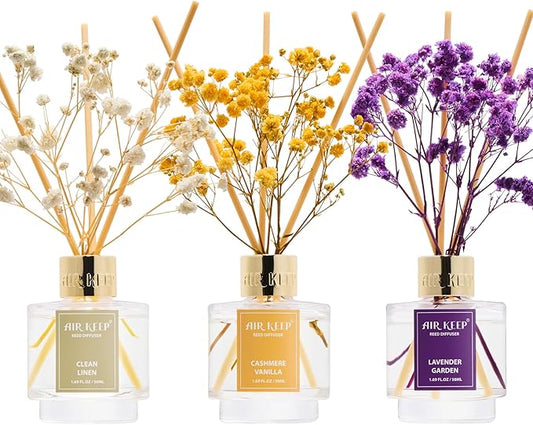 Airkeep Reed Diffuser Set of 3,Clean Linen Cashmere Vanilla Lavender Garden Oil Reed Diffusers for Bedroom Living Room Office Aromatherapy Oil Reed Diffuser for Gift 50ml x 3 - Bloomnest