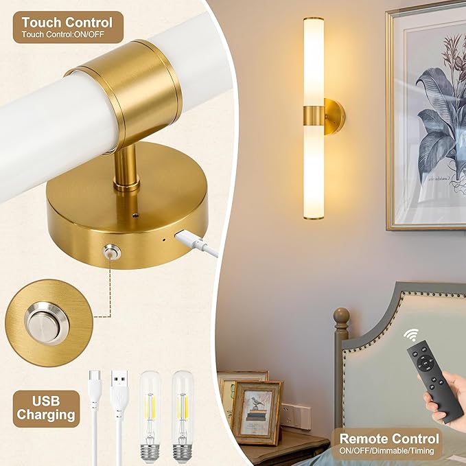 Gold Battery Operated Wall Sconces Set of 2, Rechargeable Wall Lights with Remote Control, 20 Inch Modern Wireless Wall Lamp for Bedroom, Living Room (Bulbs Included) - Bloomnest