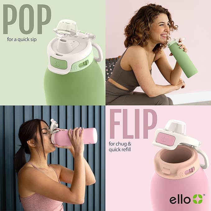 Ello Pop & Fill Insulated Stainless Steel Water Bottle with Quick Fill Lid, Leakproof Locking, Sip or Chug Spout, BPA-Free, Double Wall Vacuum Insulated for Sports, Travel & School- 22oz / 32oz / 40oz Ello