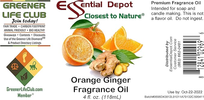 Essential Depot Orange Ginger Fragrance Oil - Supplied in 4 oz. Amber Glass Bottle with Black Phenolic Cone Lined and Safety Sealed Cap ESSENTIALDEPOT