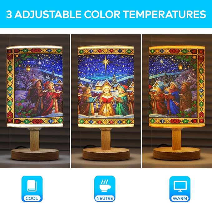 Caroling Table Lamp LED 3-Color Pressed Bedside for Merry Christmas, Caroling Shade Christmas Table Lamp with Wood Base for Bedroom Living Room Desk Office - Bloomnest