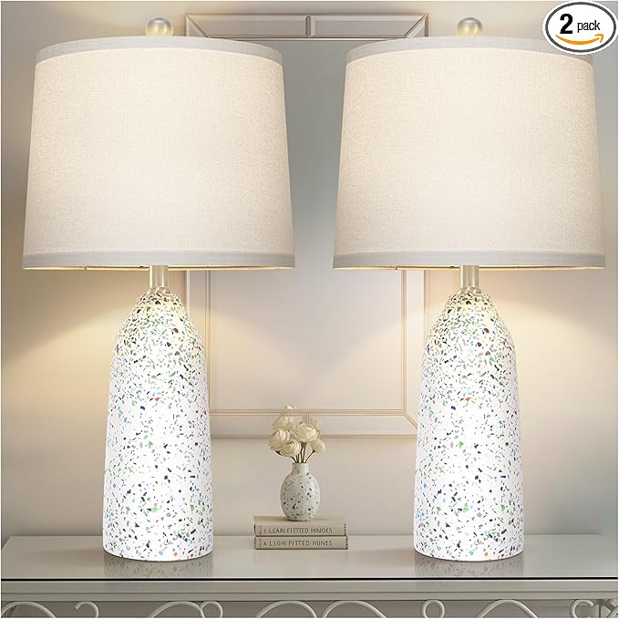 22.5" Faux Stone Table Lamps Set of 2, Farmhouse Lamps for Bedroom with Linen Shade, Rotary Switch Bedside Lamps with 3-Way Dimmable Bulb for Living Room Nightstand Home Decor(Bulb Included) - Bloomnest