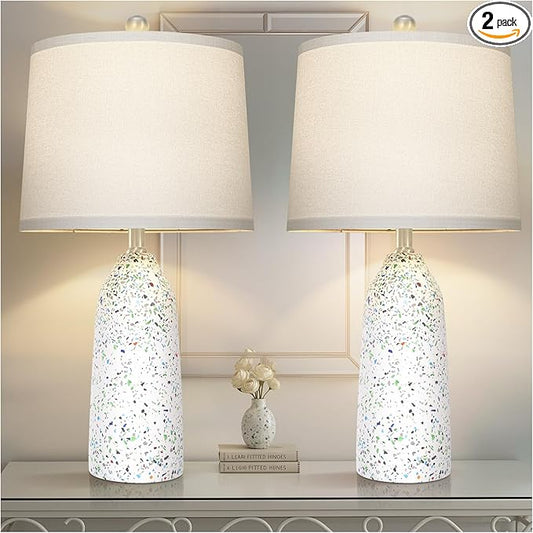 22.5" Faux Stone Table Lamps Set of 2, Farmhouse Lamps for Bedroom with Linen Shade, Rotary Switch Bedside Lamps with 3-Way Dimmable Bulb for Living Room Nightstand Home Decor(Bulb Included) - Bloomnest