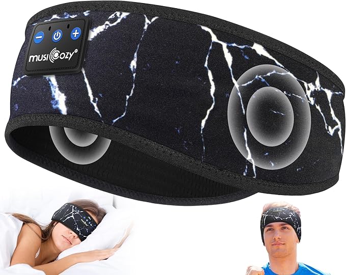 MUSICOZY Sleep Headphones Bluetooth 5.4 Headband, Wireless Earphones Music Sleep Earbuds Sleeping Eye Mask with HD Stereo Speakers for Workout Running Travel Yoga, Ideal Gifts (Marbling Black) - Bloomnest