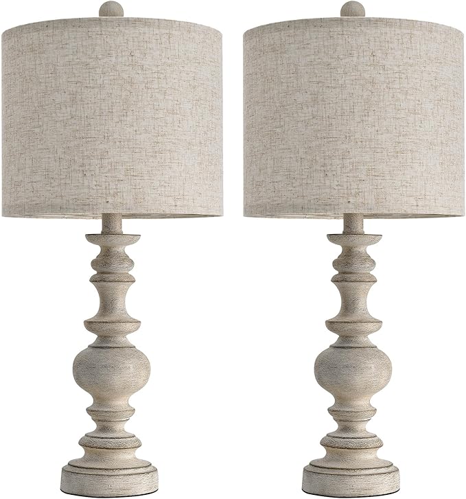 BOBOMOMO 24" Farmhouse Retro Table Lamp Set of 2, Traditional Resin Lamps for Living Room Bedroom, Vintage Bedroom Lamps with Linen Shades, Rustic Table Lamps for Living Room, Nursery, Office - Bloomnest
