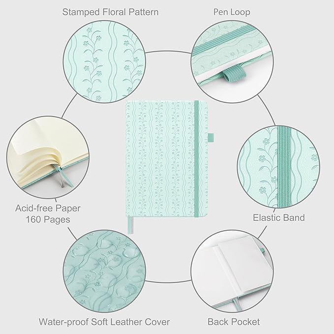 &And Per Se Dotted Journal Notebook for Women&Men with Pattern, A5 Leather Hardcover, 160 Pages 100GSM Thick Dotted Paper, 3 Sheets of Stickers Included(Light Blue) - Bloomnest