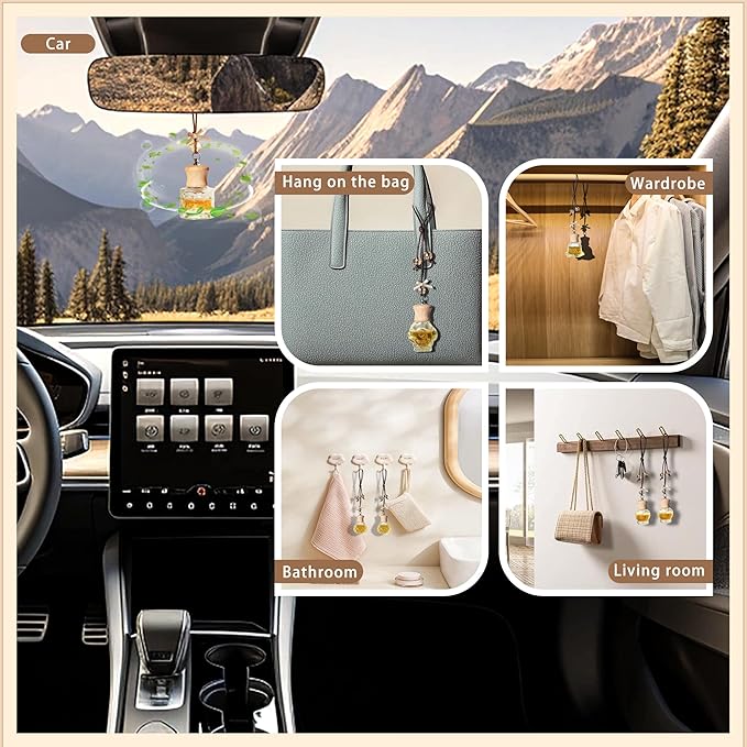6 Pack Leak-Proof Hanging Car Diffuser - 8ml Refillable Empty Bottles with Wood Caps, 3 Funnels & 2 Droppers - Essential Oil Air Freshener for Car, Home or Office (6, Crown) - Bloomnest