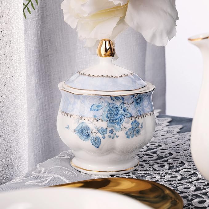 fanquare Blue Flowers Porcelain Tea Set, Tea Cup and Saucer Set Service for 6, Wedding Tea Set with Sugar Bowl Cream Pitcher, Floral Coffee Set for Tea Party - Bloomnest