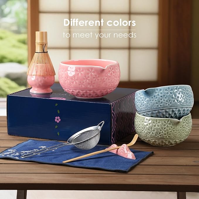 7Pcs Matcha Whisk Set, Ceramic Matcha Bowl with Spout, Bamboo Whisk and Holder,Bamboo Scoop,Scoop Rest,Sifter,Tea Towel, Matcha Kit with Cherry Blossom Carved Patterns for Matcha Lovers (Sakura Green) - Bloomnest