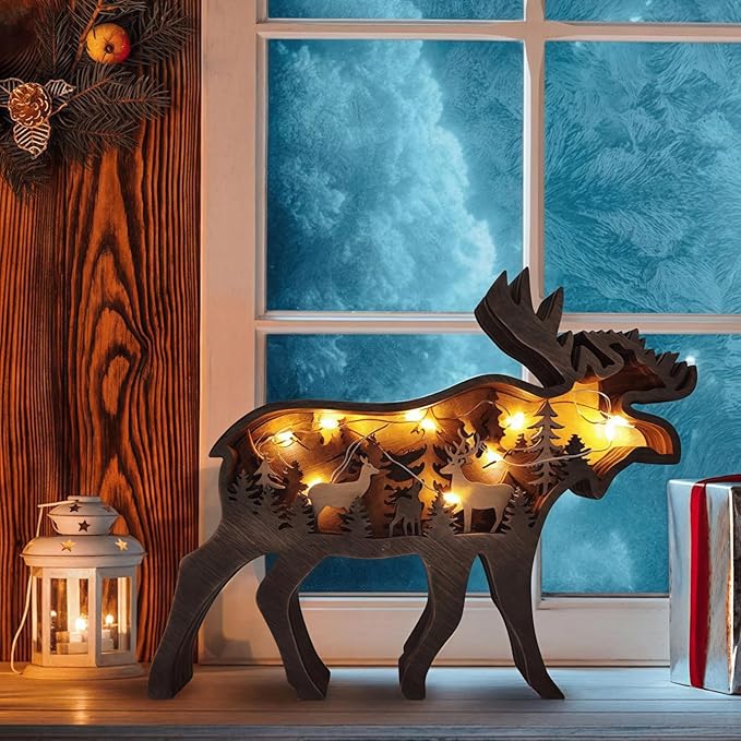 Drawelry 3D Wood Carving Animals Lamp Home Decorative, Cute Bear Family Elephant Presents Ideas Christmas Living Room Office Decor Warm LED Night Lights Gift for Friend Daughter Son Mom Dad (Moose) - Bloomnest