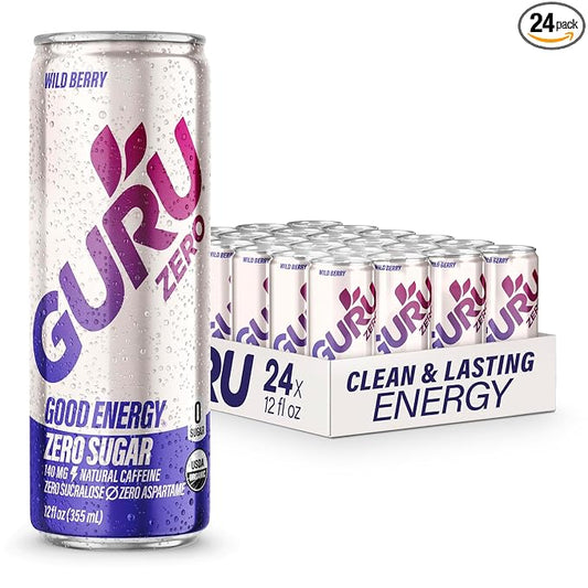 GURU ZERO SUGAR Wild Berry Organic Energy Drink with Plant Based Natural Caffeine from Green Tea, Coconut Water, Prebiotic, Zero Added Sugars, Gluten Free & Vegan, Pre Workout, 140MG Caffeine, 12 Oz (Pack of 24) - Bloomnest