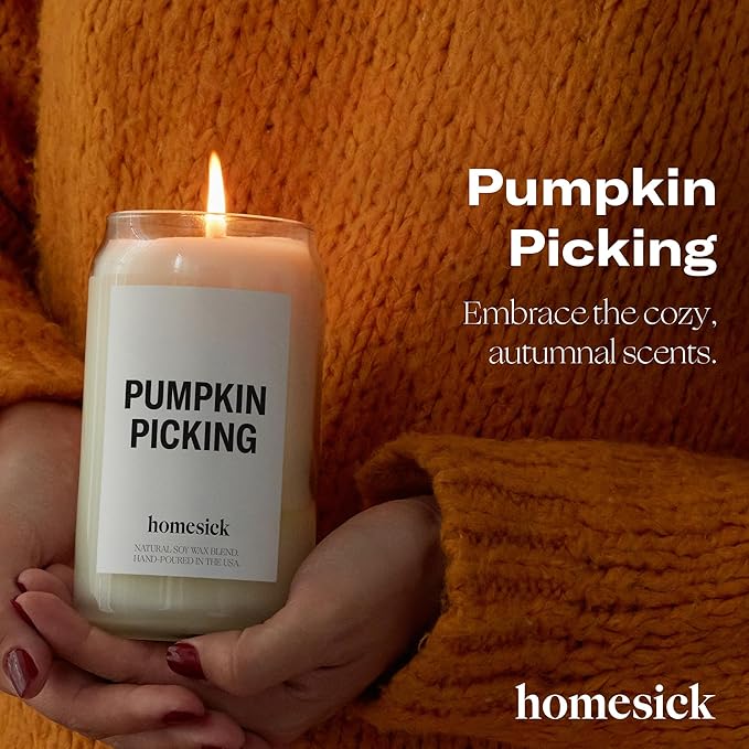 Homesick Scented Candles for Home (Pumpkin Picking) - 13.75 oz Natural Long-Lasting Soy Wax Blend Jar Candle Gifts for Women & Men, 60-80 Hours Burn Time - Notes of Pumpkin, Nutmeg & Ginger - Bloomnest
